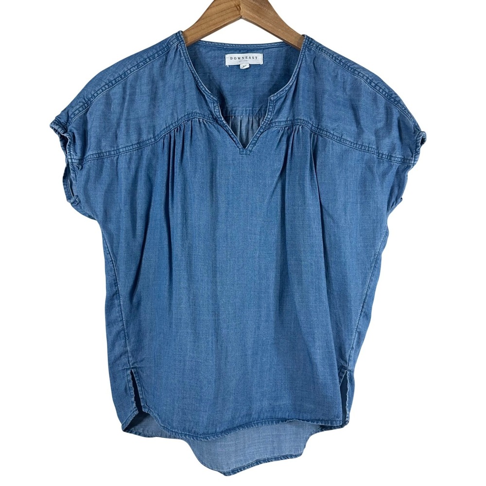 Downeast Womens XS Blue Lyocell Chambray Pleated V-Neck Dolman Blouse DB20020048